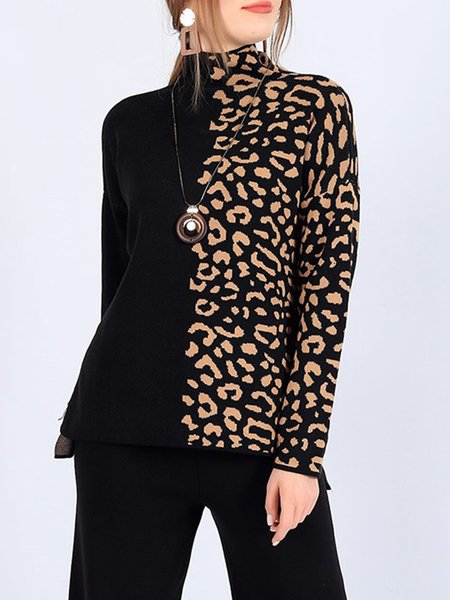 

Casual Regular Sleeve Leopard Sweater, Black, Pullovers