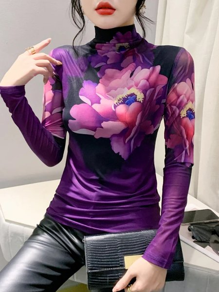 

Printing Mock Neck Elegant Regular Sleeve Floral T-Shirt, Purple, Tees