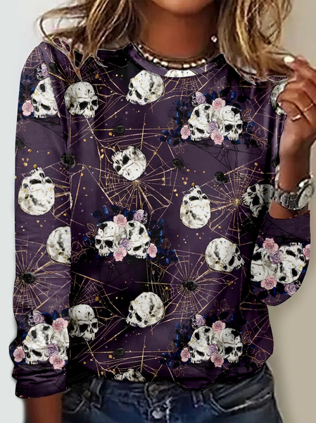 

Skull Casual Crew Neck Halloween Long Sleeve Shirt, As picture, Long sleeves