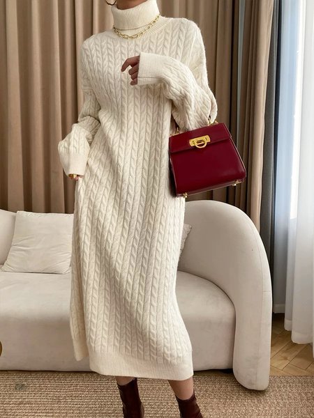 

Plain Turtleneck Regular Fit Long Sleeve Urban Sweater Dress, White, Midi Dresses