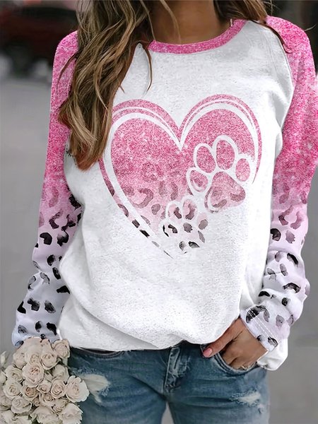 Cute Animal Paw Round Neck Casual Sweatshirt, Pink, Hoodies&Sweatshirts