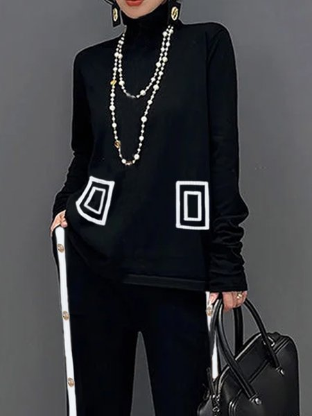 

Regular Sleeve Urban Color Block Turtleneck Loosen Sweater, Black-white, Pullovers