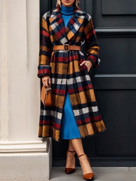 

Lapel Collar Plaid Regular Fit Urban Coat With No Belt, As picture, Coats