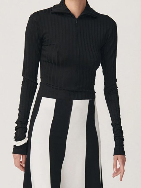 

Regular Sleeve Zipper Plain Tight Urban T-Shirt, Black, Tees