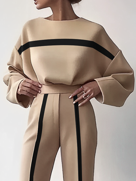 

Loose Color Block Crew Neck Long Sleeve Casual Blouse, Apricot, Blouses and Shirts