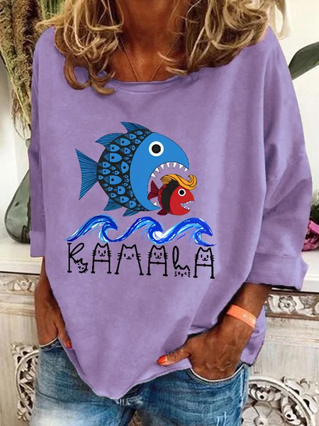 

Blue Wave Big Fish Eats Small Fish Print Casual Sweatshirt, Lavender, Hoodies&Sweatshirts