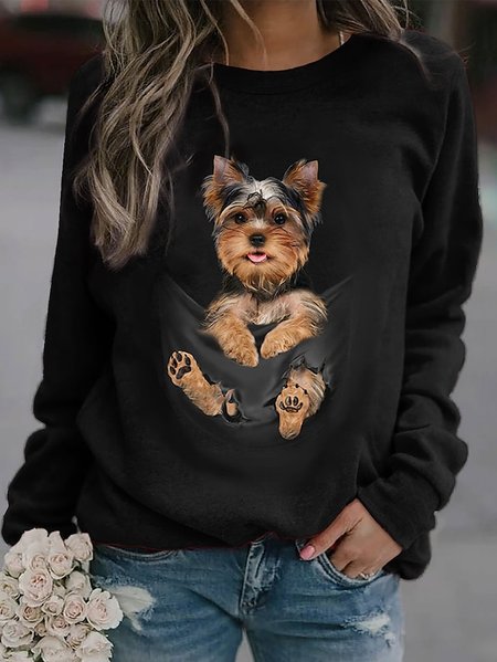 

Pocket Dog Design Crew Neck Sweatshirt, Black, Hoodies&Sweatshirts