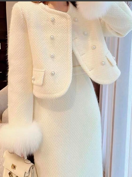 

Regular Sleeve Cross Neck Plain Elegant Imitation Pearls Jacket, White, Jackets