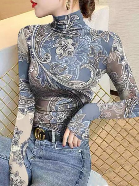 

Turtleneck Printing Tight Casual T-Shirt, As picture, Tees