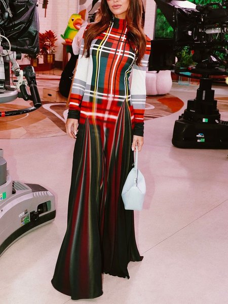 

Regular Fit Elegant Plaid Long Sleeve Maxi Dress, As picture, Maxi Dresses
