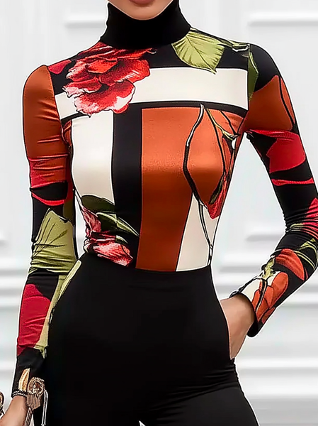 

Printing Floral Tight Urban Stand Collar T-Shirt, As picture, Tees