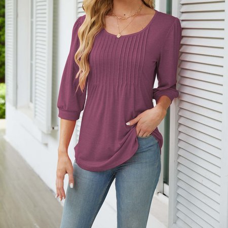 

Women's Half Sleeve Blouse Summer Black Plain Crew Neck Daily Going Out Casual Top, Fuchsia, Long Sleeves