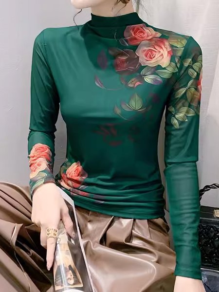 

Urban Mock Neck Floral Regular Sleeve T-Shirt, Green, Tees