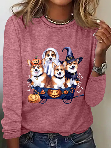 

Halloween Corgi Casual Long Sleeve Shirt, Watermelon, Long sleeves