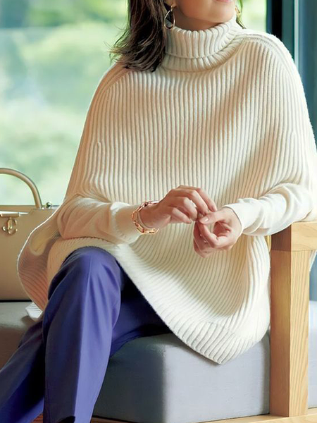 

High Elasticity Dolman Sleeve Plain Casual Turtleneck Long Sleeve Loose Sweater, Off white, Pullovers