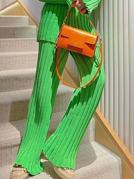 

Casual Wide leg Regular Fit Sweater Pants, Green, Knit Pants