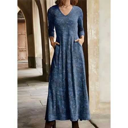 Jersey V Neck Regular Fit Casual Dress With No, Blue, Maxi Dresses
