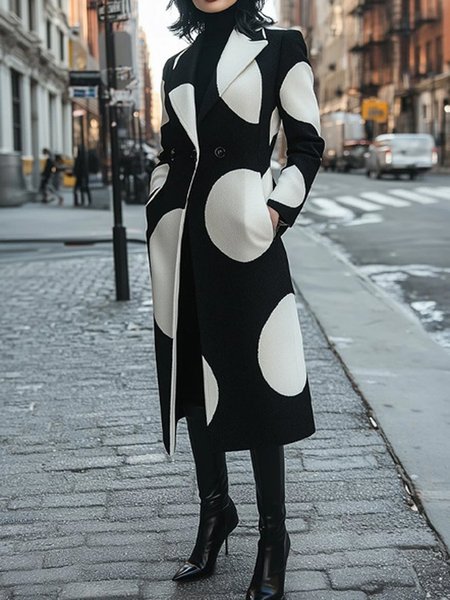 Polka Dots Lapel Collar Regular Sleeve Regular Fit Urban Coat, Black-white, Coats