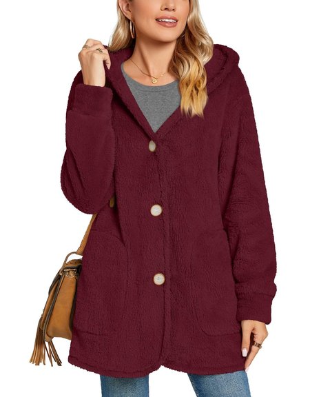 

Women's Winter Outerwear Casual Buckle Plain Long Sleeve Hoodie Fleece Coat, Wine red, Jackets