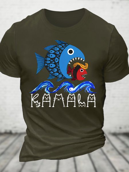 

Blue Wave Big Fish Eats Small Fish Print Cotton T-shirt, Army green, T-shirts