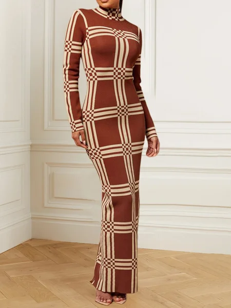 Tight Regular Sleeve Casual Sweater Dress, Red brown, Maxi Dresses