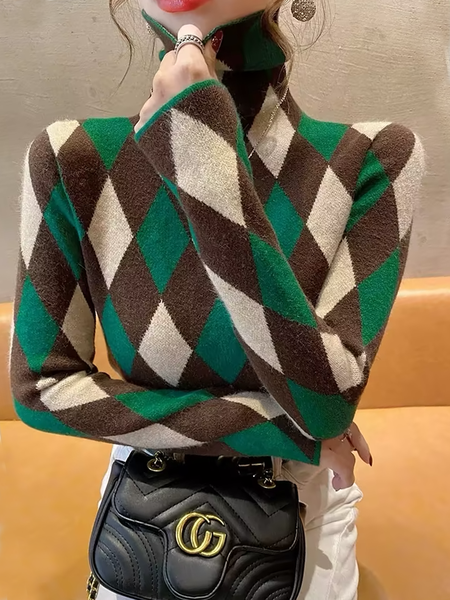 

Tight High Elasticity Urban Geometric Turtleneck Sweater, As picture, Pullovers