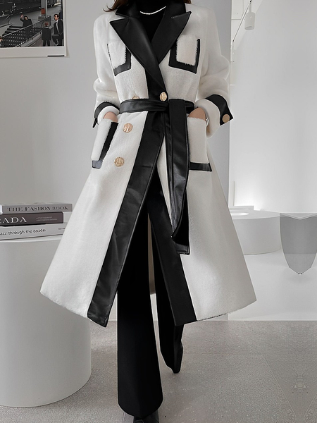 

Loose Regular Sleeve Lapel Collar Long Sleeve Elegant Mid-long Coat With Belt, Black-white, Coats