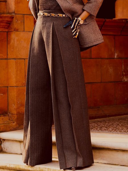 

Urban Fashion Wide Leg Pants With No Belt, Brown, Pants