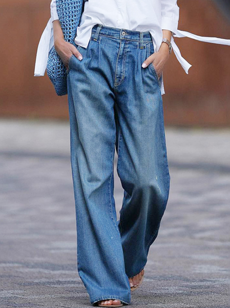

Loose Casual Denim Plain Jeans, Blue, Denim&Jeans