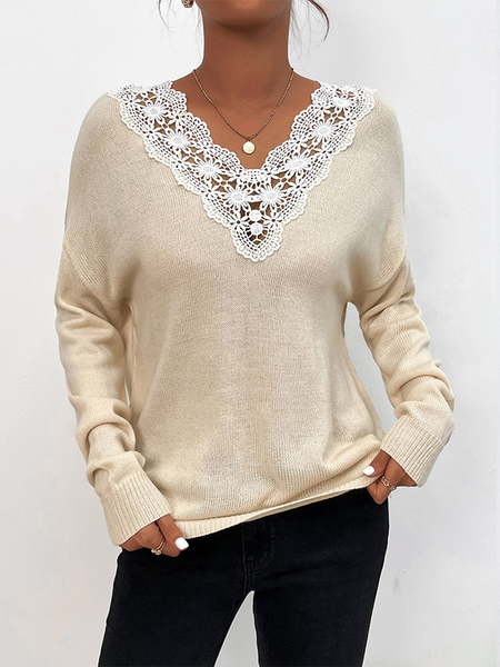 

Women Yarn/Wool Yarn Striped Long Sleeve Comfy Casual Lace Sweater, Apricot, Swimwear