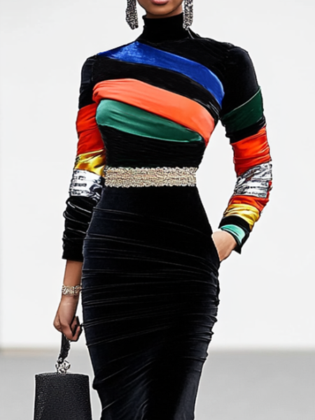 

High Elasticity Turtleneck Long Sleeve Geometric Elegant T-Shirt, As picture, Tees