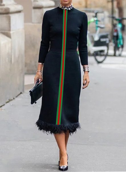 Striped Urban Regular Sleeve Split Joint Dress, As picture, Maxi Dresses