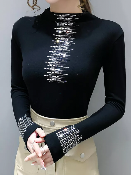 

High Elasticity Urban Hot Drilling Stand Collar Long Sleeve Regular Sleeve T-Shirt, Black, Tees