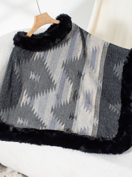 

Women's Spring/Fall Outerwear Elegant Fur Collar Ethnic Crew Neck Cape Coat, Black, Outerwear