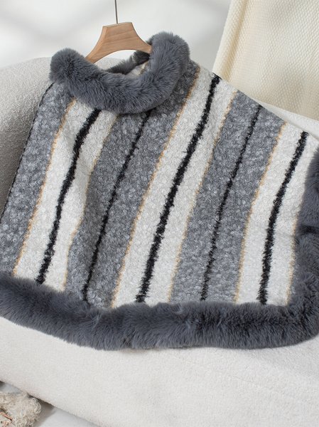 

Women's Spring/Fall Outerwear Elegant Fur Collar Striped Crew Neck Cape Coat, Gray, Outerwear