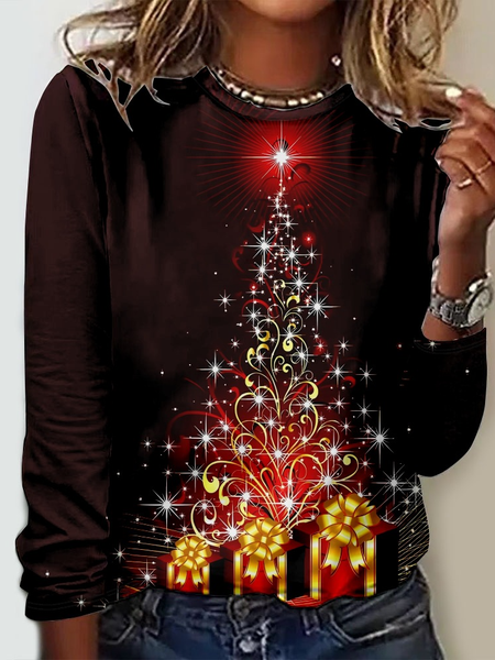 

Casual Christmas Crew Neck Long Sleeve T-shirt, Red, T-shirts