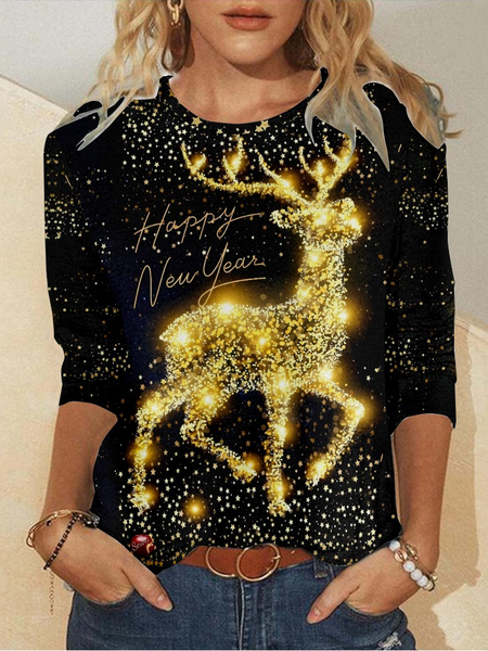

Casual Christmas Crew Neck Long Sleeve T-shirt, Golden, T-shirts