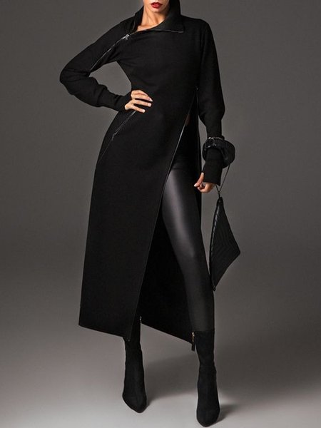 Zipper Urban Regular Fit Turtleneck Plain Long Sleeve Dress, Black, Maxi Dresses