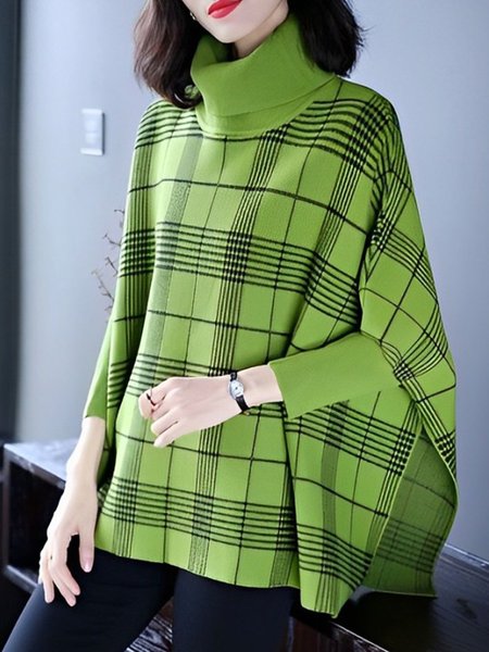 

Casual Plaid Turtleneck Loose Sweater, Green, Pullovers