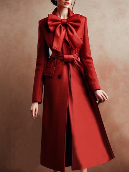 

Elegant Regular Sleeve Regular Fit Bow Coat With Belt, Red, Coats