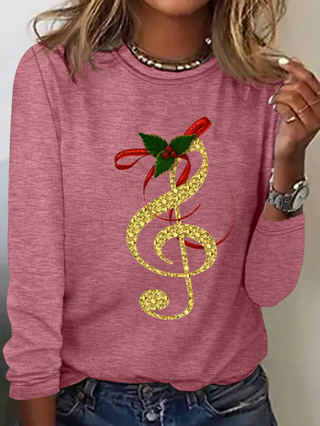 

Christmas Music Notes Casual Long Sleeve Shirt, Watermelon, Long sleeves