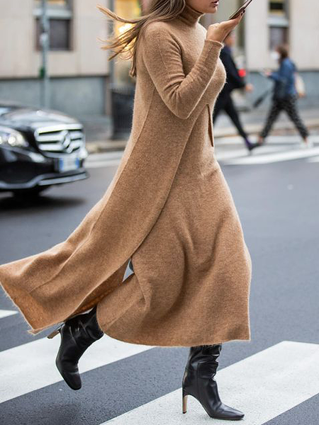 High Elasticity Urban Turtleneck Long Sleeve Regular Sleeve Two-Piece Set, Brown, Two-piece Set