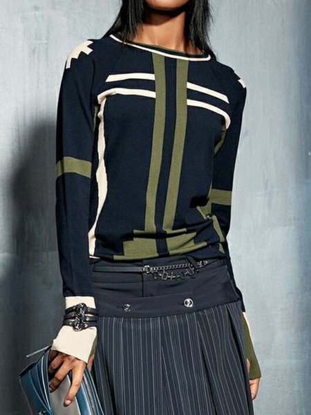 

Crew Neck Casual Color Block Loose Sweater, As picture, Pullovers