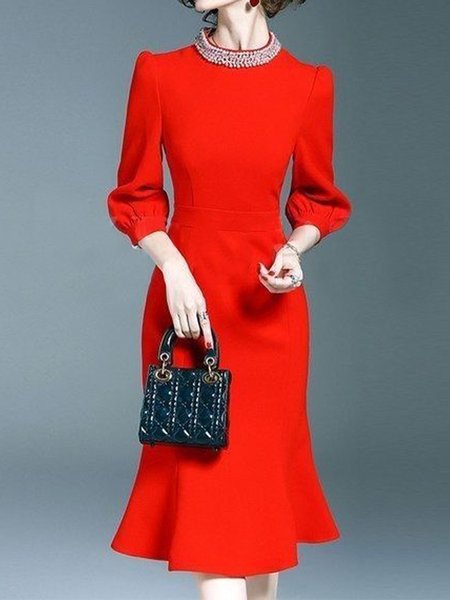 Plain Stand Collar Elegant Regular Fit Dress, Red, Midi Dresses