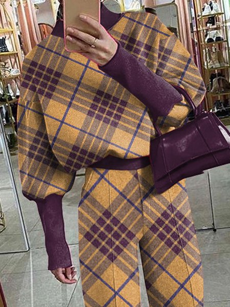 

Stand Collar Balloon Sleeve Urban Loose Plaid Sweatshirt, As picture, Hoodies and Sweatshirts