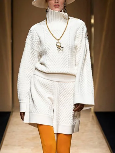 

Loose Urban Turtleneck Plain Long Sleeve Sweater, White, Pullovers