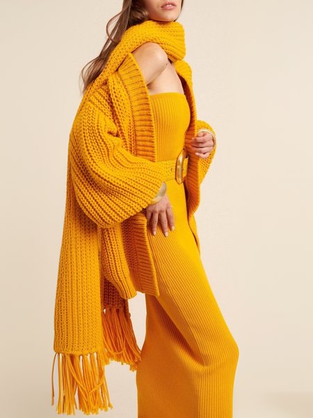 

Daily Plain Balloon Sleeve Urban Tassel Cardigan Sweater With Scarf, Yellow, Cardigans