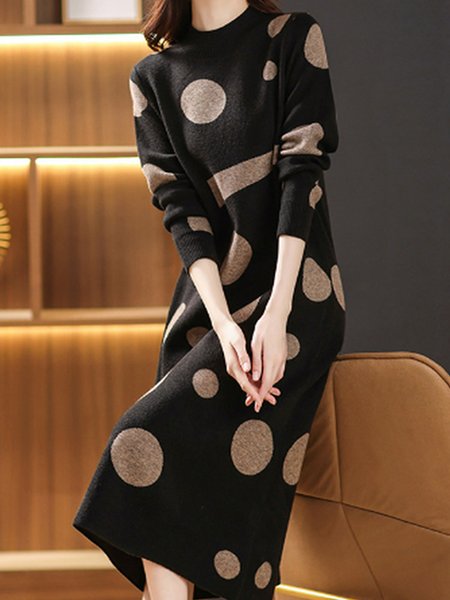 Crew Neck Urban Loose Regular Sleeve Sweater Dress, As picture, Maxi Dresses