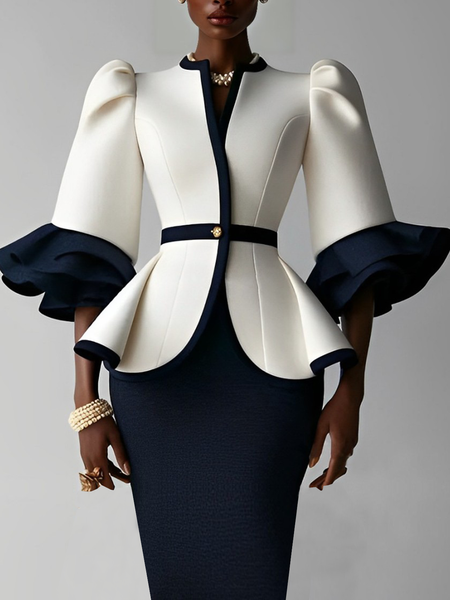

Regular Fit Color Block Crew Neck Three Quarter Sleeve Elegant Regular Sleeve Jacket, As picture, Jackets