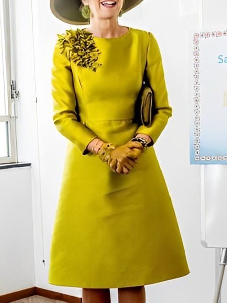 

3D Floral Elegant Regular Fit Long Sleeve Dress, Yellow, Midi Dresses